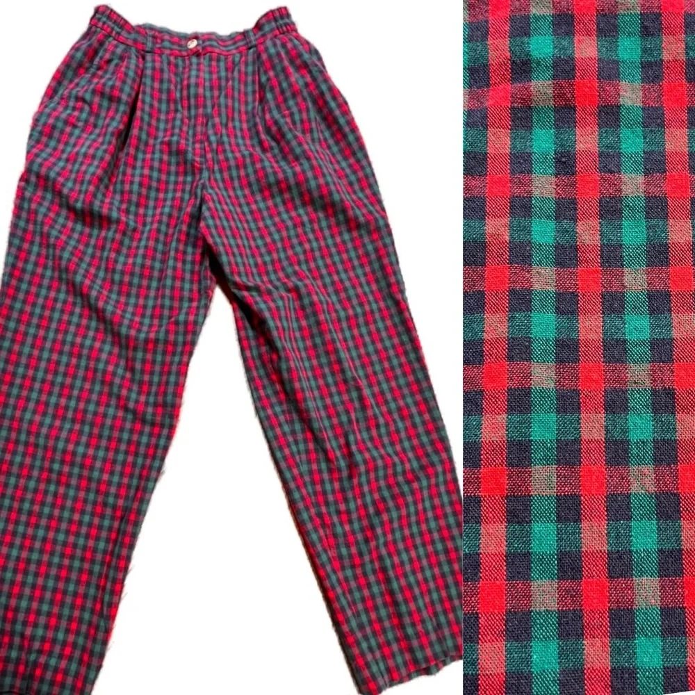 VINTAGE 80s tartan plaid check cotton trouser pants high waisted preppy academia